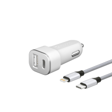 Автомобильное зарядное устройство USB Type-C + USB A, PD 18W, QC 3.0 Дата-кабель USB-C – Lightning, MFI, Deppa