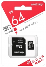 Карта памяти SmartBuy microSDXC  64 GB Class 10 UHS-I U1, чтение: 80 MB/s, адаптер на SD