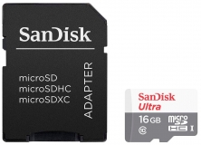 Карта памяти SanDisk Ultra 16gb microSDHC Class 10 UHS-I 80MB/s + SD adapter, чтение: 80 MB/s